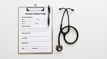 Naklejka premium Patient intake form with stethoscope on white background.