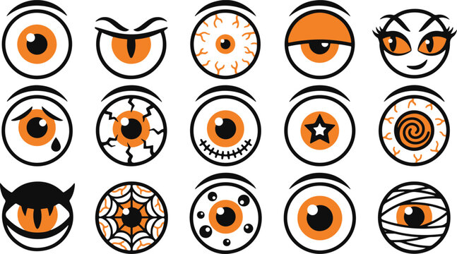 Set of various halloween eyeball designs with different expressions and patterns for spooky holiday graphic design projects