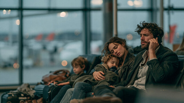 A family of four at an airport gate during a long delay, parents looking visibly exhausted, mother with a sleeping toddler across her lap, father on the phone beside her with a str