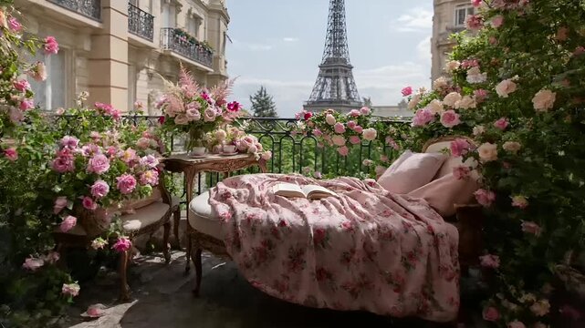 Paris, France, Europe. A vivid portrayal of a romantic balcony overlooking the Eiffel Tower in Paris, France. The balcony is adorned with lush greenery and vibrant pink and white roses.