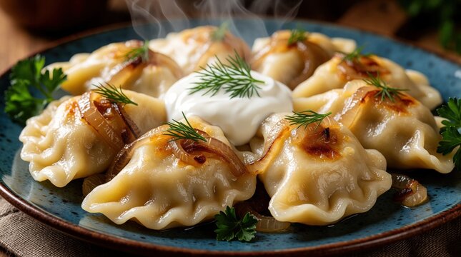Hot pierogi dish served on blue plate with sour cream and herbs. Filled dumplings steam showing they are freshly cooked and delicious. Traditional Polish food.