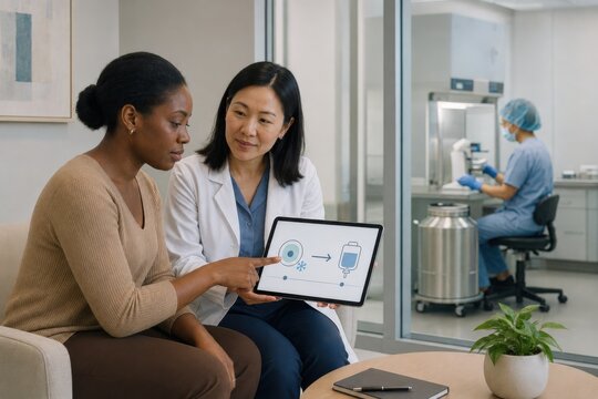 reproductive specialist counsels a young cancer patient about fertility preservation while a laboratory technician prepares reproductive cells for cryogenic storage before treatment
