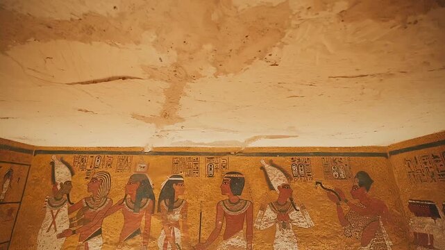 sculptural details on the wall of the temple of the Tutankhamun king, Luxor, Egypt.Tomb of pharaoh Tutankhamun in Valley of the Kings, Luxor, Egypt