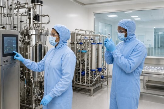 biopharmaceutical technicians monitor microbial fermentation and inspect a purified protein vial during controlled production of insulin or therapeutic antibodies in a clean facility