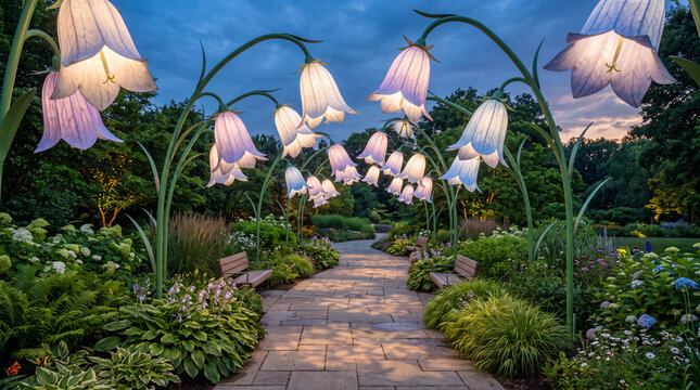 The large interior bell flowers located on the park's alleyway are handmade to illuminate the park at night.