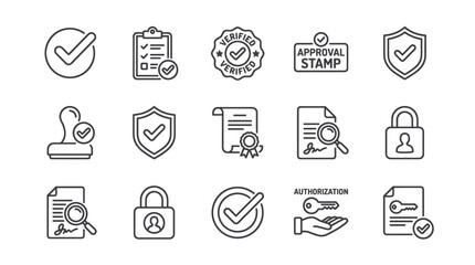 Fototapeta premium Data security and official approval line icons.