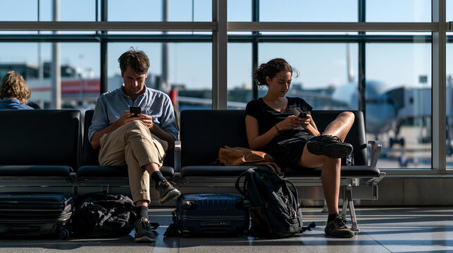 Two strangers sitting adjacent at an airport gate both looking at their respective smartphones simultaneously, completely absorbed in their own screens despite sitting close togeth