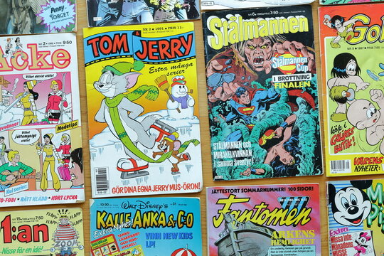 Stockholm, Sweden. 05-10-2026. A pile of comic books. Swedish text. From the 1980 and 1990s.