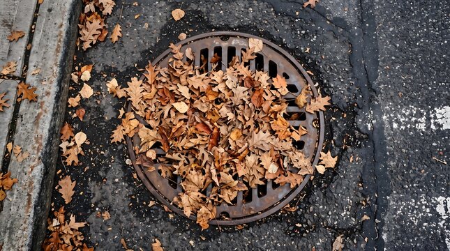 A top down view of a circular metal storm drain grate covered in dry autumn leaves