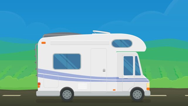 Animated camper van driving on road representing road trip, summer vacation, outdoor adventure, and freedom. (loopable)