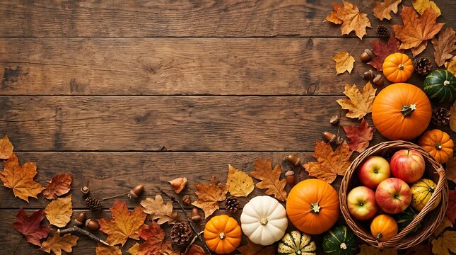 Rustic autumn background featuring a wooden table decorated with colorful fall leaves pumpkins and a basket filled with fresh red apples