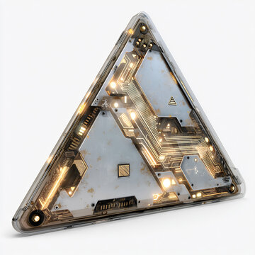 Futuristic glowing triangular circuit board with bright golden lines 3D rendered