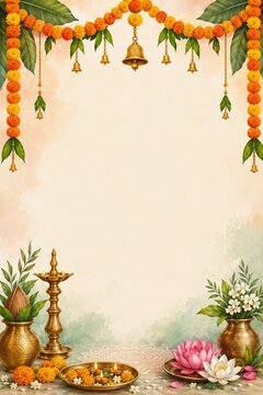 Diwali festival background with marigold flowers. Traditional Indian puja decor with diya.