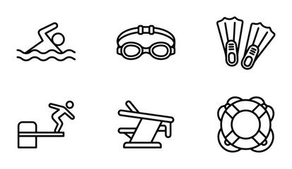 Swimming Pool Icons Set: Swimmer, Goggles, Flippers, Diver, Diving Board, Lifebuoy, Vector Graphics © Abir