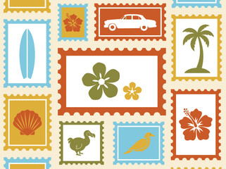 Retro Tropical Travel Postage Stamp Seamless Pattern © Gulungan