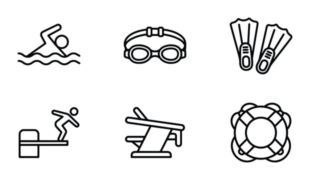 Swimming Pool Icons Set: Swimmer, Goggles, Flippers, Diver, Diving Board, Lifebuoy, Vector Graphics