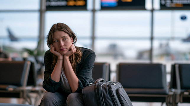 A tired young woman sitting alone at an airport gate, slouched forward with elbows on knees and face resting in both hands, a large carry-on bag leaning against her legs, departure