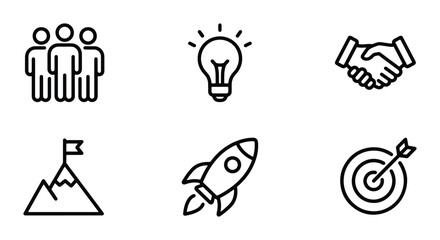 Fototapeta premium Business Icons Set: Teamwork, Idea, Partnership, Goal Achievement, Startup Launch, Target Success