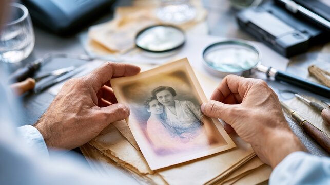 Old photograph restoration concept showing technology, care and preservation of personal family history.