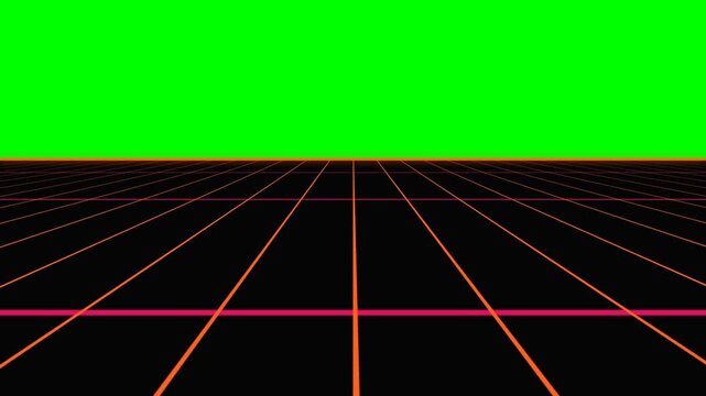 Retro eighties style digital landscape with a glowing orange grid on black