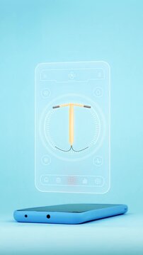 Doctor using a smartphone app designed for diagnosing copper IUDs, demonstrating innovative technology for detecting IUD displacement and abnormal bleeding. Light blue background.