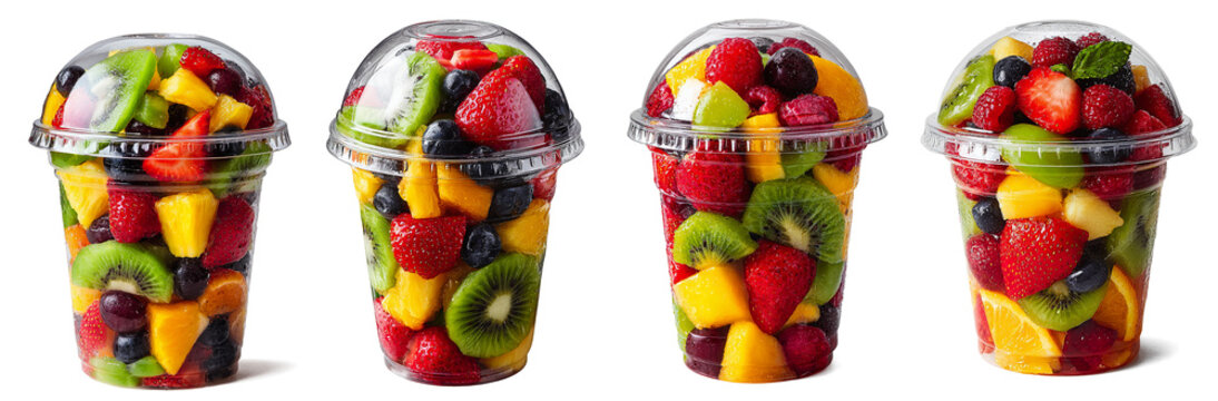 Against a transparent background stand four transparent containers filled with fresh fruit. Each container contains a mix of strawberries, kiwis, mangoes, and other fruits.