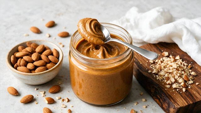 Creamy almond butter served in a clear glass jar with a silver spoon and rustic wooden board with chopped nuts on a light grey background