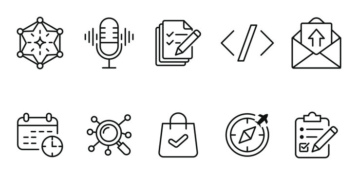 Modern Productivity and AI Assistant Line Icons Set - Voice, Tasks, Code, Email, Calendar, Search, Shopping, Navigation Vector Collection