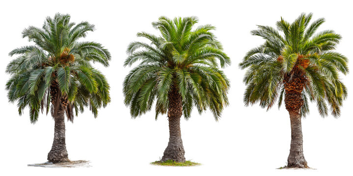 Three palm trees are depicted in different poses against a transparent background. Each palm tree has distinctive features that can be examined closely. The focus is on their natural contours.