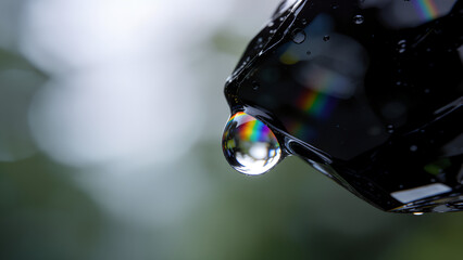 Obraz premium Macro close up of a single water droplet reflecting a vibrant rainbow spectrum.