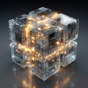 Digital cube with glowing data connections for technology and science design