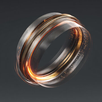 Abstract ring shape with golden light trails and transparent textured surfaces 3D rendered