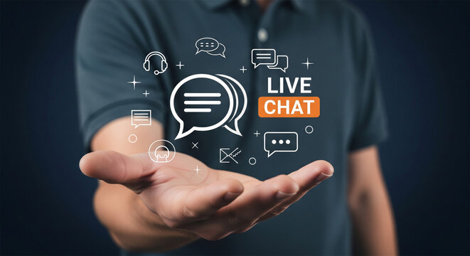Live chat customer support concept, businessman holding digital communication icons, online help desk