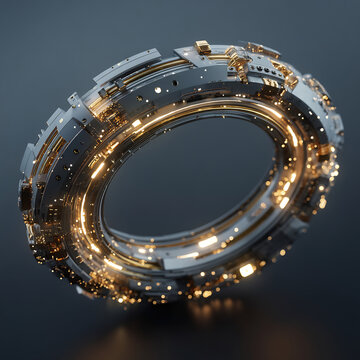 Futuristic metal ring with glowing golden lights 3D rendered