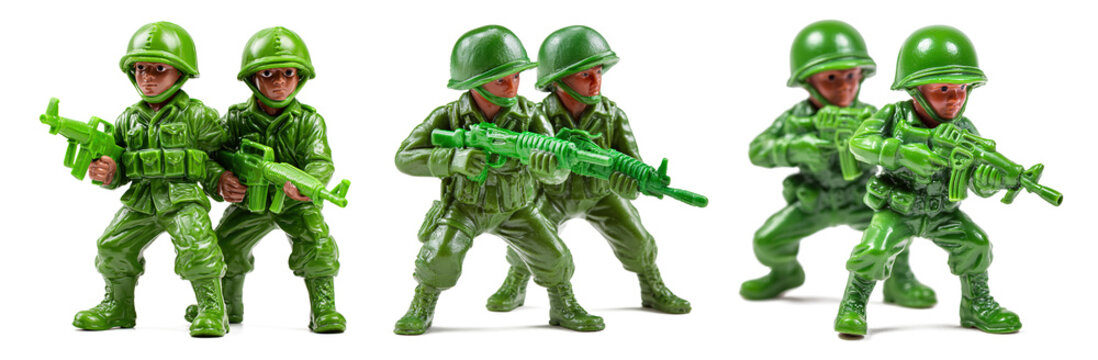 Green Army soldier figurines are displayed against a transparent background. They are holding weapons and standing in various poses. These figurines are typically used for play or as collectibles.