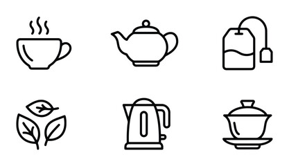 Obraz premium Tea Icons Set, Beverage Drink Symbols, Hot Cup, Teapot, Tea Bag, Leaves, Kettle, Gaiwan, Minimalist Line Art Vector Graphics for Food and Drink Concepts