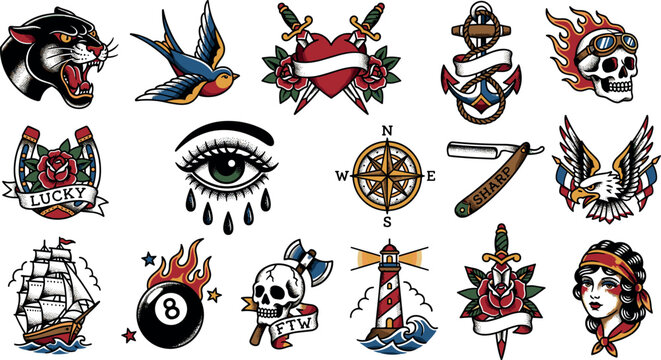 Old School American Traditional Tattoo Flash Vector Set with Flaming Skull Panther Swallow Eagle Compass and Nautical Sailor Icons