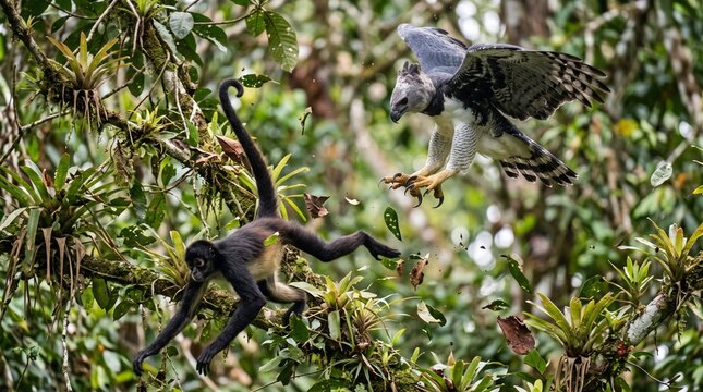 harpy eagle diving white bellied spider monkey