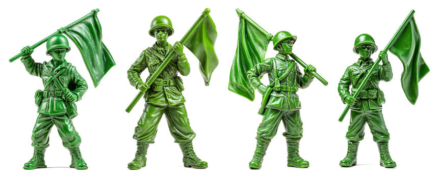 Four plastic soldier figures stand against a transparent background, holding green flags. The figures depict soldiers in various poses. They are part of a toy collection with a military theme.