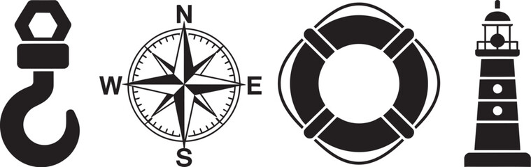 Nautical symbols collection featuring crane hook, compass, life buoy, lighthouse, wind rose, and life ring, black and white maritime navigation vector illustrations for shipping, sailing, and marine  © sumon