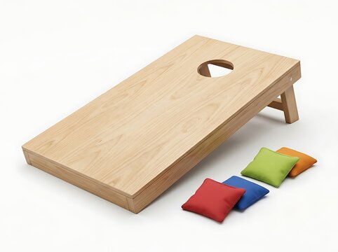 Wooden cornhole board with colorful bean bags isolated on white background.