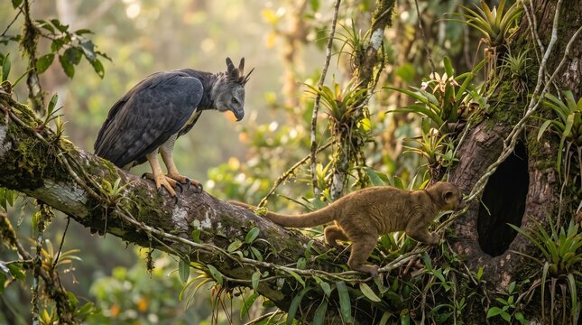 harpy eagle watching kinkajou dawn