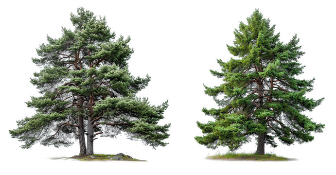Two evergreen trees stand against a transparent background. Each tree has its own shape and branch structure. The details of the trees are clearly visible in the painting, contrasting with the solid-c