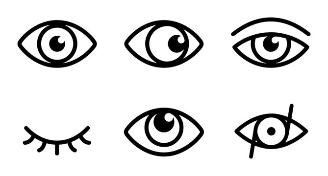 Minimalist eye icon set, 6 black line vector symbols, vision and visibility web UI elements