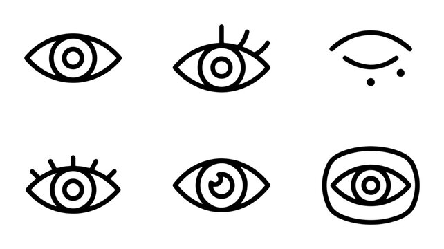 Minimalist eye icon set, 6 black line vector symbols, vision and optical health graphic elements