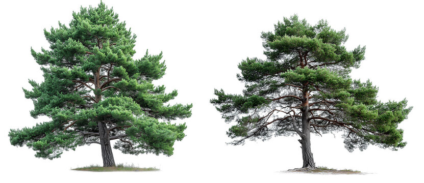 Against a transparent background, two pine trees stand side by side. Each has its own unique shape and structure, with green branches and brown trunks.