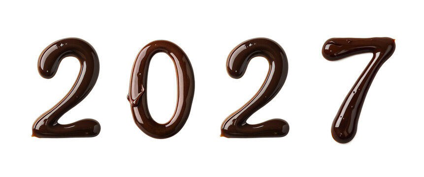 The numbers representing the year 2027 are made of chocolate on a solid, transparent surface. This symbolizes the coming New Year and a festive mood with a touch of sweetness.