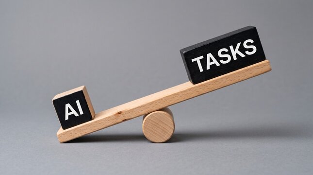 Artificial intelligence balancing heavy workload, wooden seesaw with AI and TASKS blocks, automation and efficiency concept for business technology