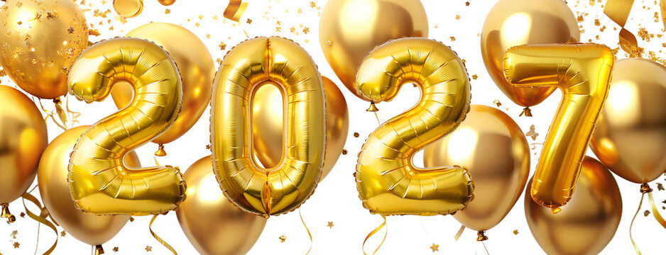 The image features the numbers 2027 symbolizing New Year&rsquo;s celebrations. The numbers are gold and surrounded by gold balloons. The transparent background gives the image a festive look, making it perf