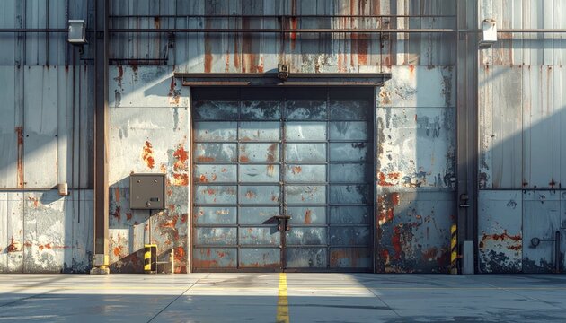 Industrial rolling door on weathered factory wall with sunlight.